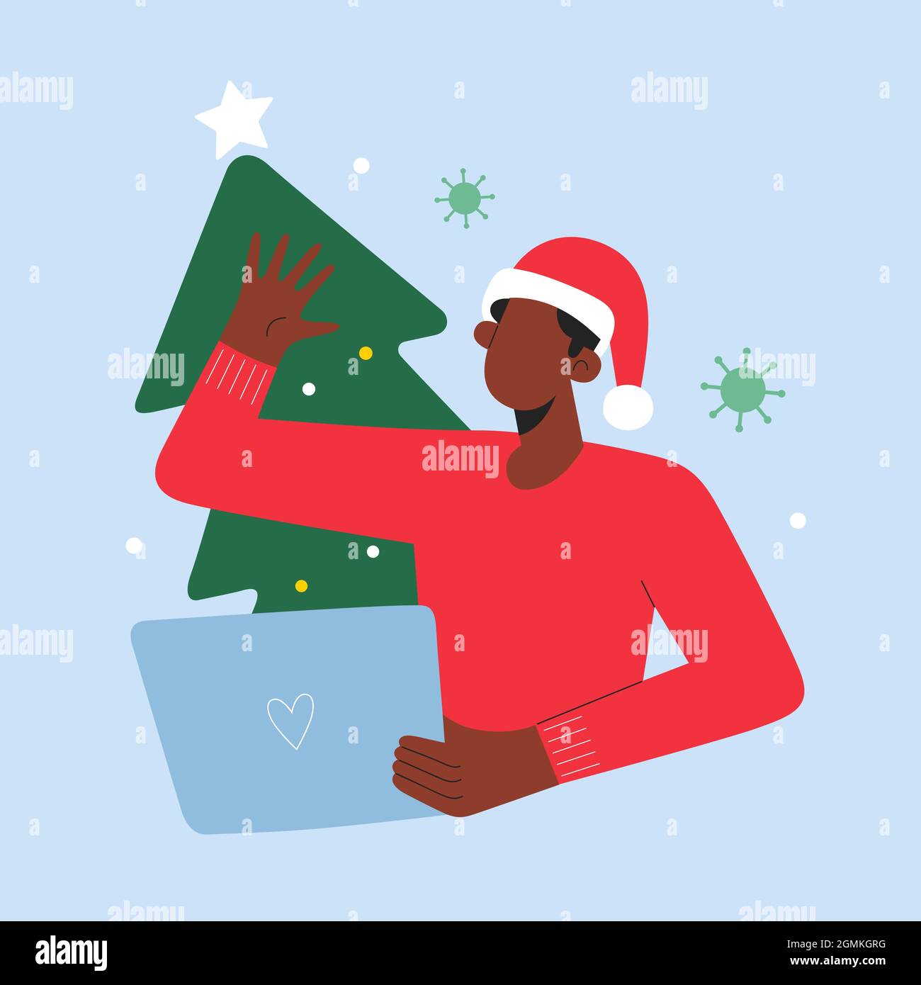 Weihnachtsvideoanruf, junger Mann mit Laptop für Videokonferenzen, Neujahr feiern, Ferngespräch mit Familie, Vektor-Cartoon-Illustration Stock Vektor