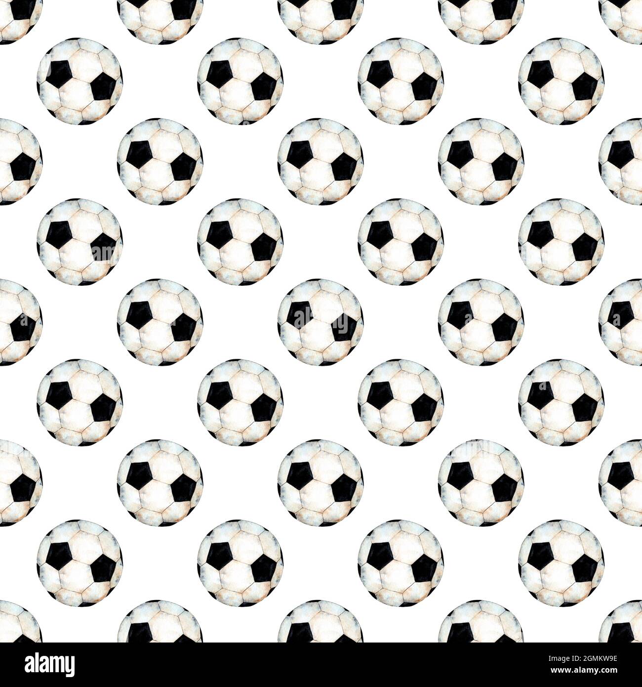 Aquarell-Illustration eines Fußballmusters. Sportsymbol. Nahtlos wiederholter Druck der WM. Isoliert auf weißem Hintergrund. Gezeichnet von h Stockfoto