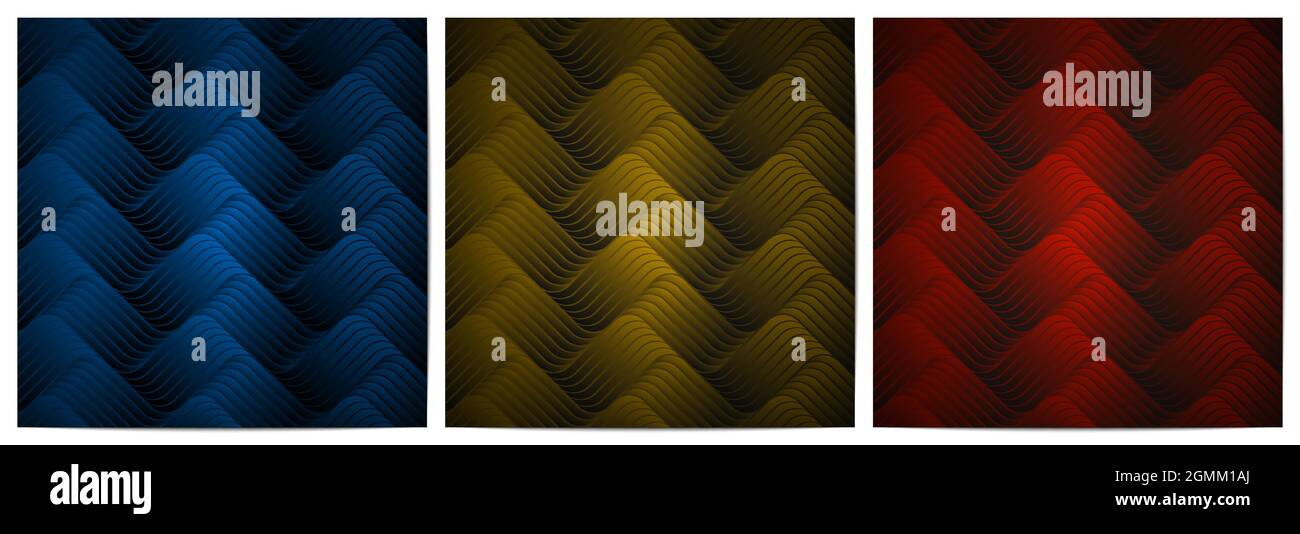 Abstrakte geometrische Muster Wellen Linien mit dunklen Hintergrund Luxus in Blau, Gold und Rot Stock Vektor