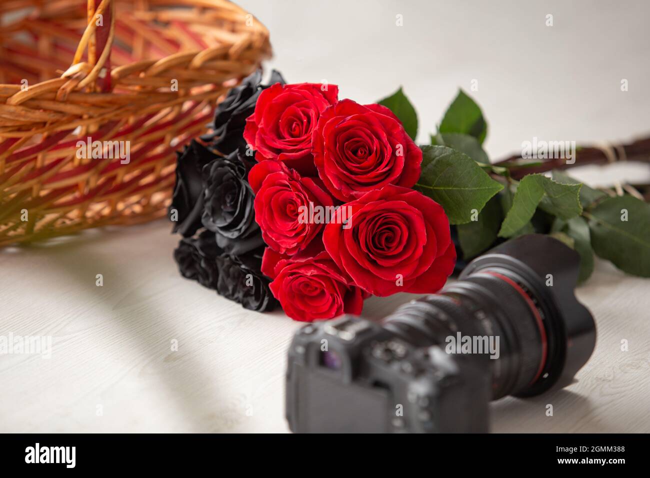 Bouquet mit schwarzen und roten Rosen, neben einer modernen professionellen Fotokamera hinter einem Korb, schöne romantische Dekoration mit Schönheit der Natur Stockfoto