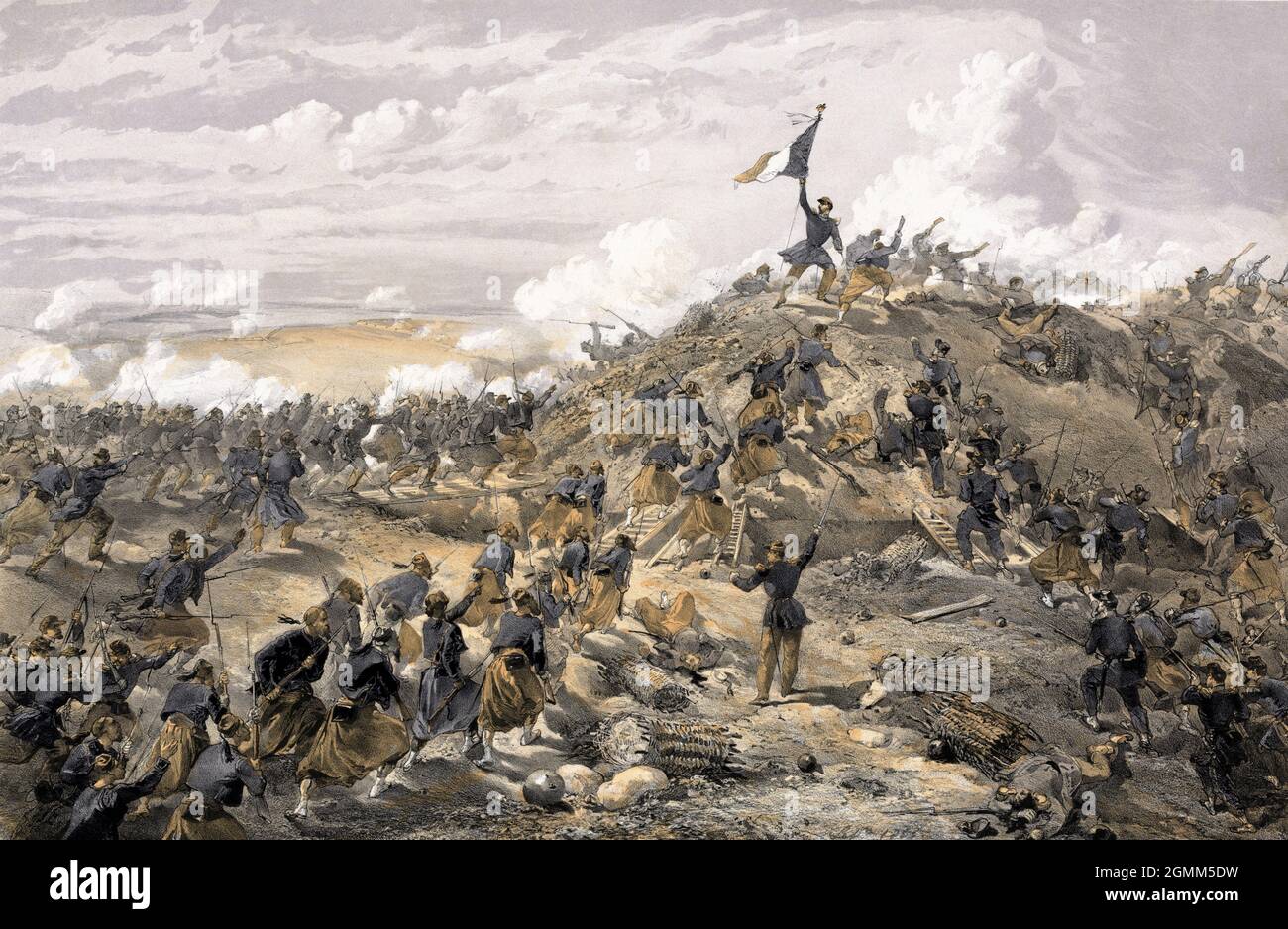 Die Schlacht von Malakoff während des Krimkrieges, in der die Franzosen stürmten und den strategischen Punkt von Malakoff eroberten. Die Arbeit zeigt, wie der Franzose zouave Eugène Libaut die französische Flagge an der Spitze des russischen Zweifels aufhebt. Stockfoto Die Schlacht von Malakoff während des Krimkrieges, in der die Franzosen stürmten und den strategischen Punkt von Malakoff eroberten. Die Arbeit zeigt, wie der Franzose zouave Eugène Libaut die französische Flagge an der Spitze des russischen Zweifels aufhebt. Stockfoto
