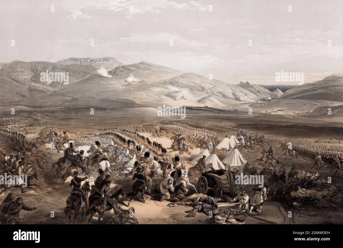 Die 6. (Inniskilling) Dragoner und die 5. Dragoon Guards engagieren die Russen für die Schwerbrigade. Stockfoto