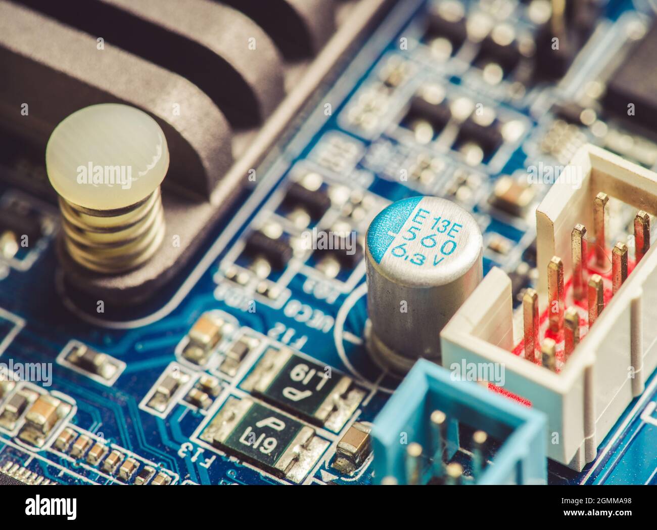 Computerplatine. Makroaufnahme. Selektiver Fokus. Geringe Schärfentiefe. Stockfoto