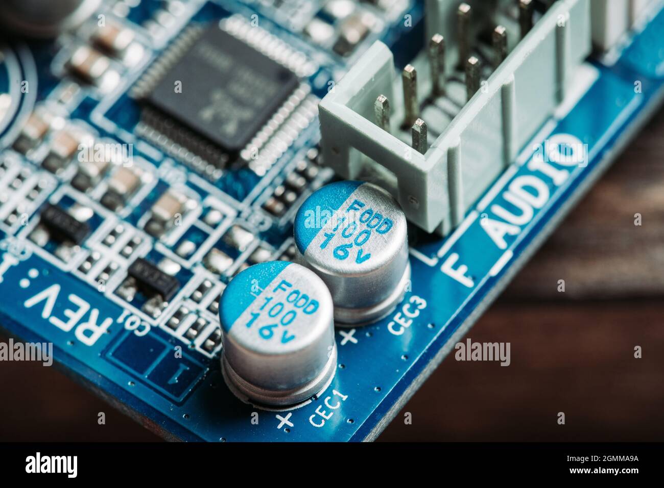 Computerplatine. Makroaufnahme. Selektiver Fokus. Geringe Schärfentiefe. Stockfoto