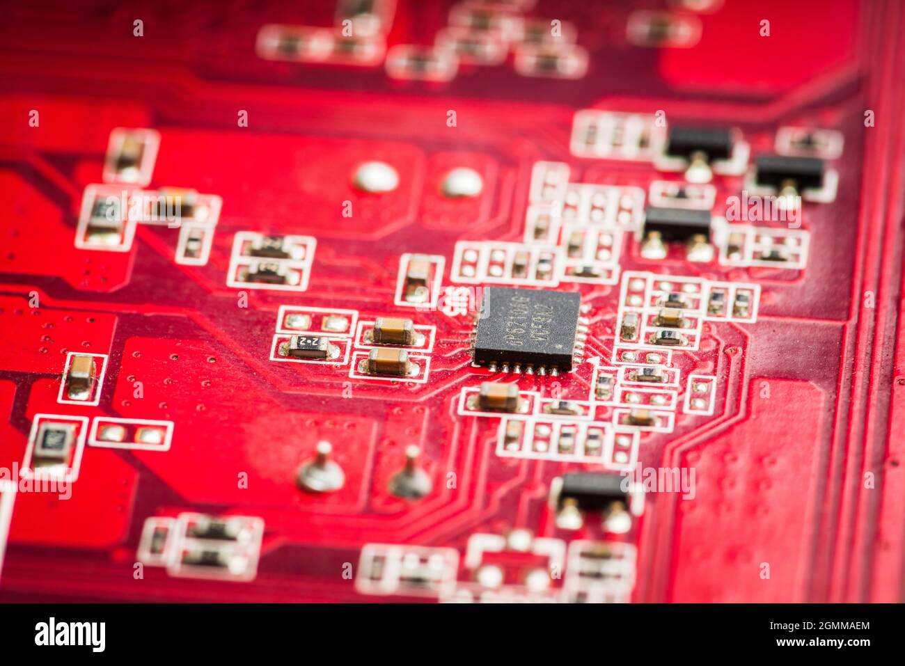 Computerplatine. Makroaufnahme. Selektiver Fokus. Geringe Schärfentiefe. Stockfoto