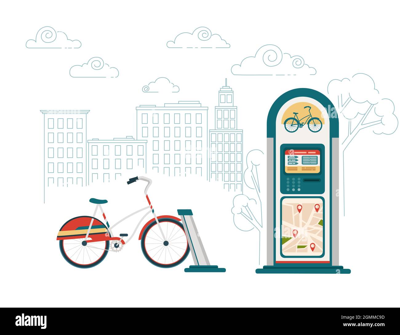 Fahrradverleih Dock-Station mit Karte Moderne Stadt Elektro-Fahrrad-Vektor-Illustration mit Stadt im Hintergrund Stock Vektor