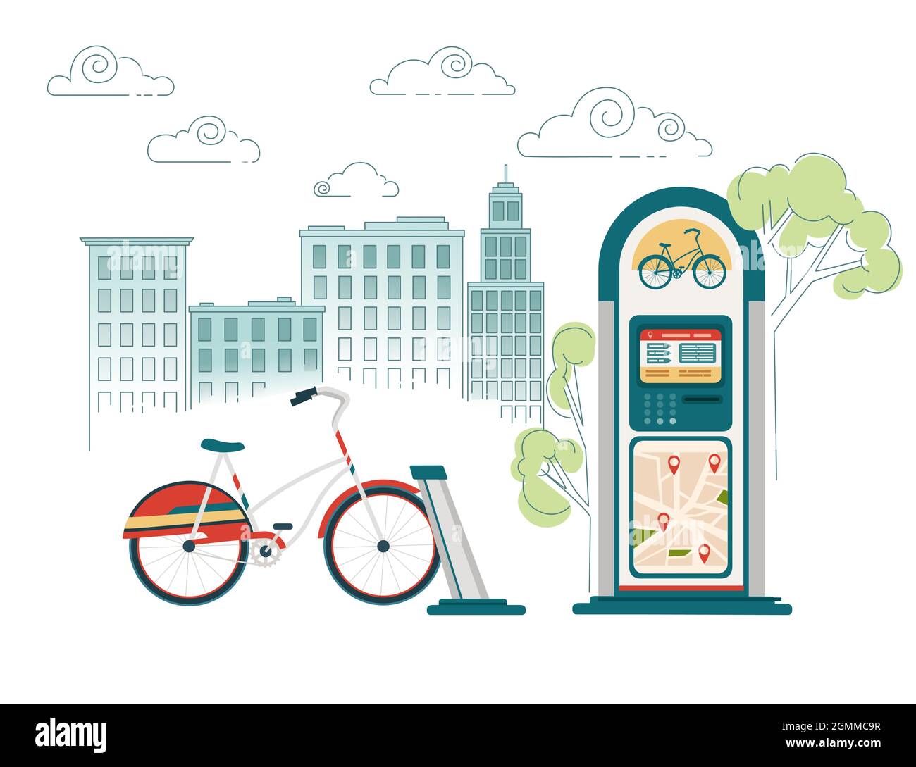 Fahrradverleih Dock-Station mit Karte Moderne Stadt Elektro-Fahrrad-Vektor-Illustration mit Stadt im Hintergrund Stock Vektor
