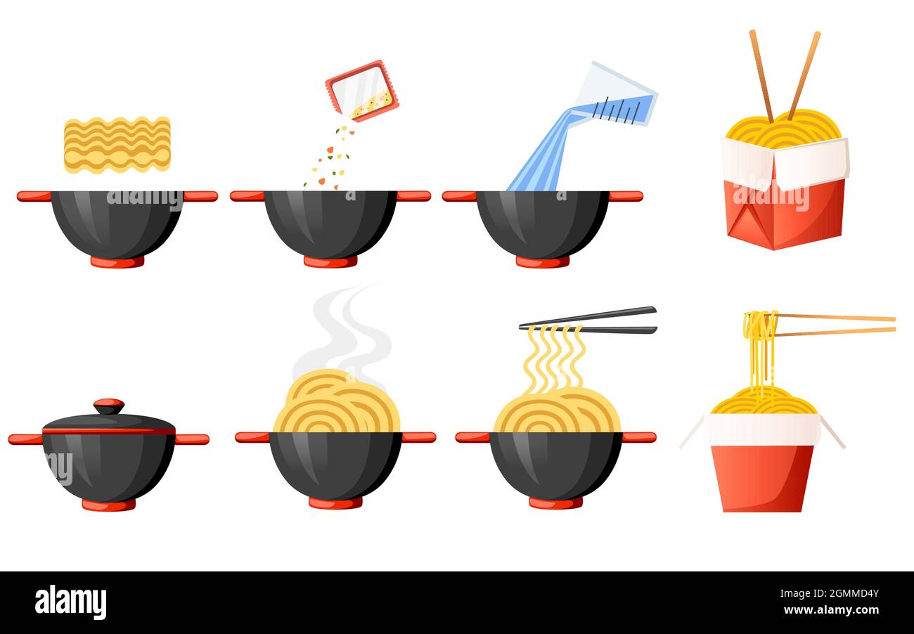 Schritt für Schritt sofortige Nudel- und Pasta-Kochanweisungen Vektordarstellung auf weißem Hintergrund Stock Vektor