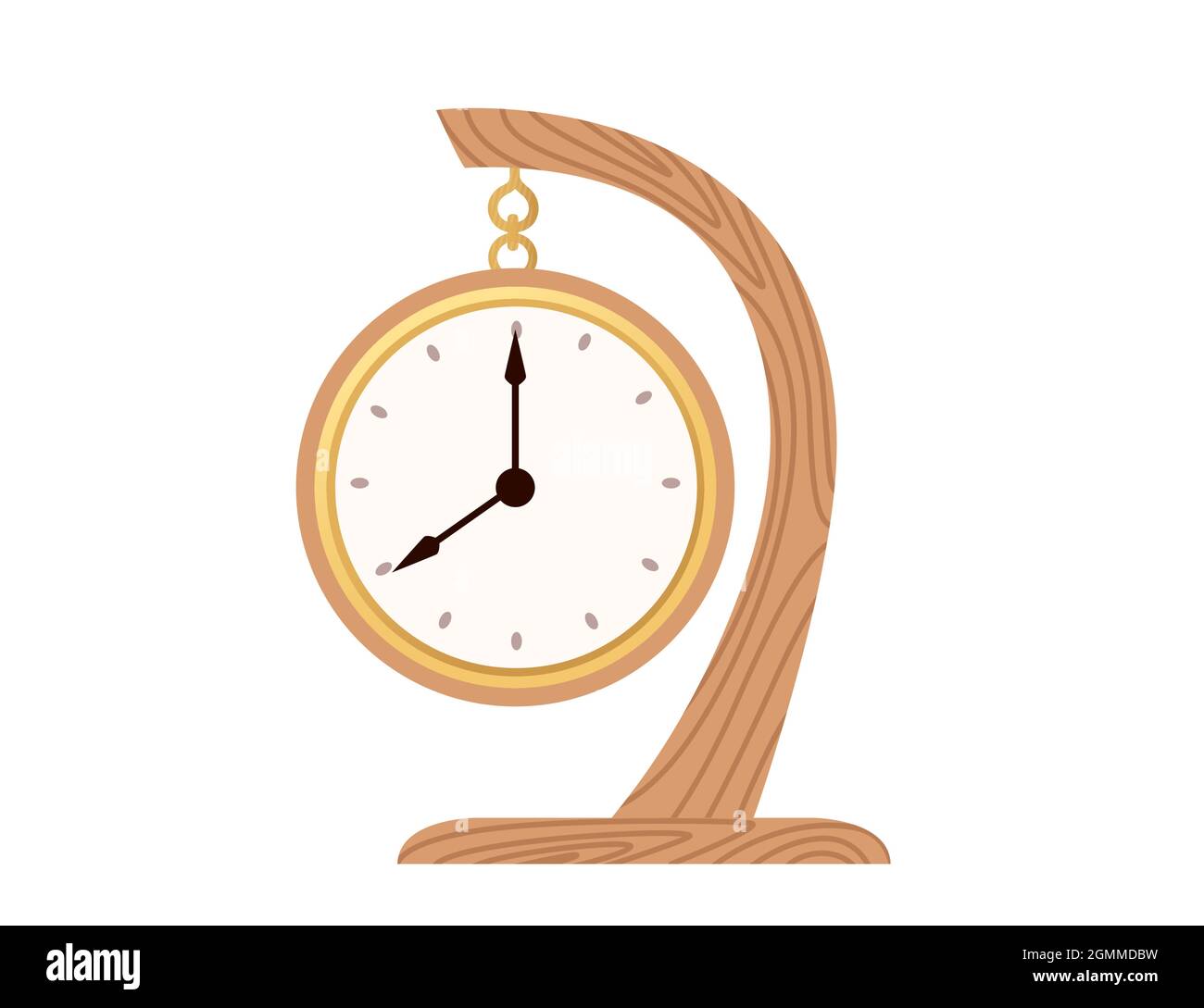 Altmodische hölzerne Tischuhr mechanische Uhr mit Goldlünette Luxus Dekoration Vektor Illustration auf weißem Hintergrund Stock Vektor