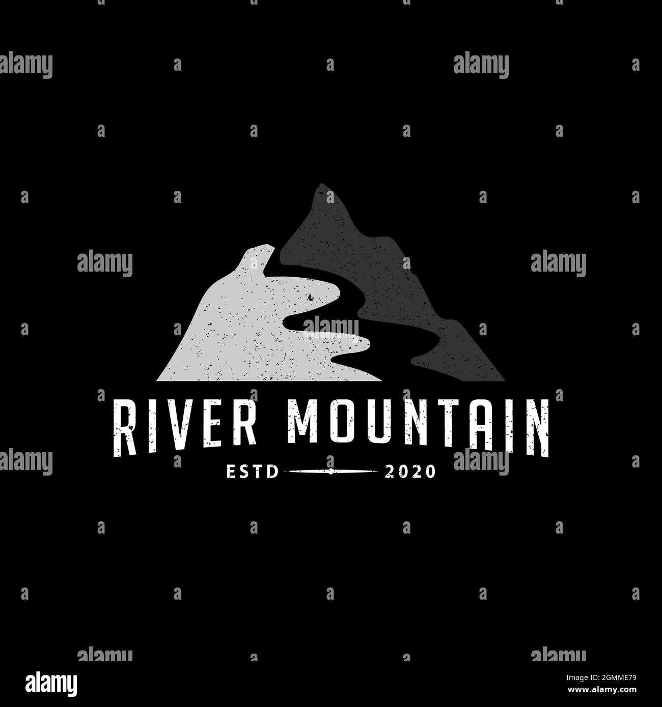 Rustikaler Vintage Mountain Peak River Logo Design-Vektor, Outdoor Landscape Hills mit Grunge rustikalen Grafik-Illustrationen Stock Vektor