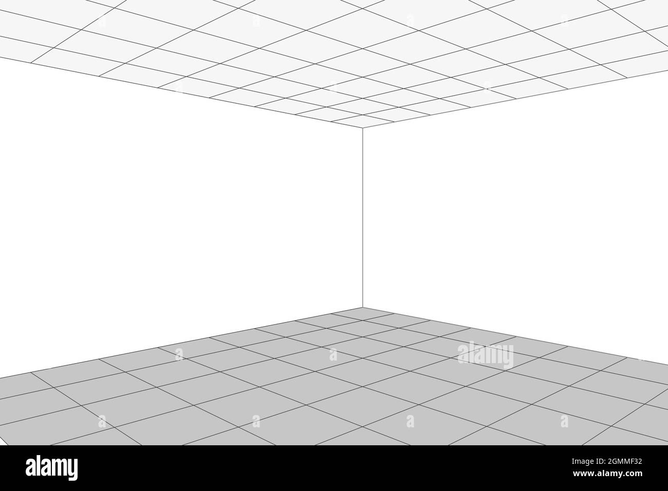 Weiße Raumecke mit Gitterperspektive und grauem Drahtgitterhintergrund. Digitales Cyber-Box-Technologiemodell. Abstrakte Vektor-Architekturvorlage Stock Vektor
