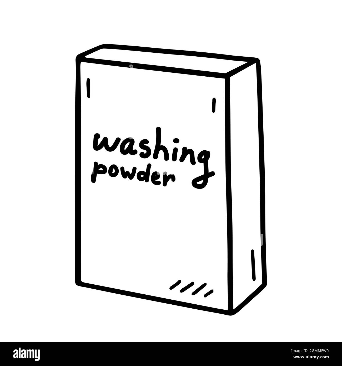 Waschmittelbehälter auf weißem Hintergrund isoliert. Waschpulver zur Reinigung von Kleidung und Hygiene. Vektor-handgezeichnete Illustration im Doodle-Stil. Geeignet für Dekorationen, Logo, verschiedene Designs. Stock Vektor