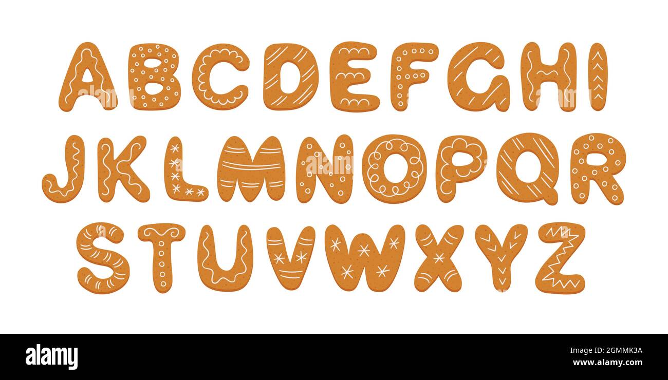 Alphabet der Lebkuchenkekse mit Zuckerglasur. Cartoon-Alphabet für Weihnachten oder Neujahr. Lebkuchen Urlaub Cookies. Blätterteigschrift. Von Hand gezeichnet Stock Vektor