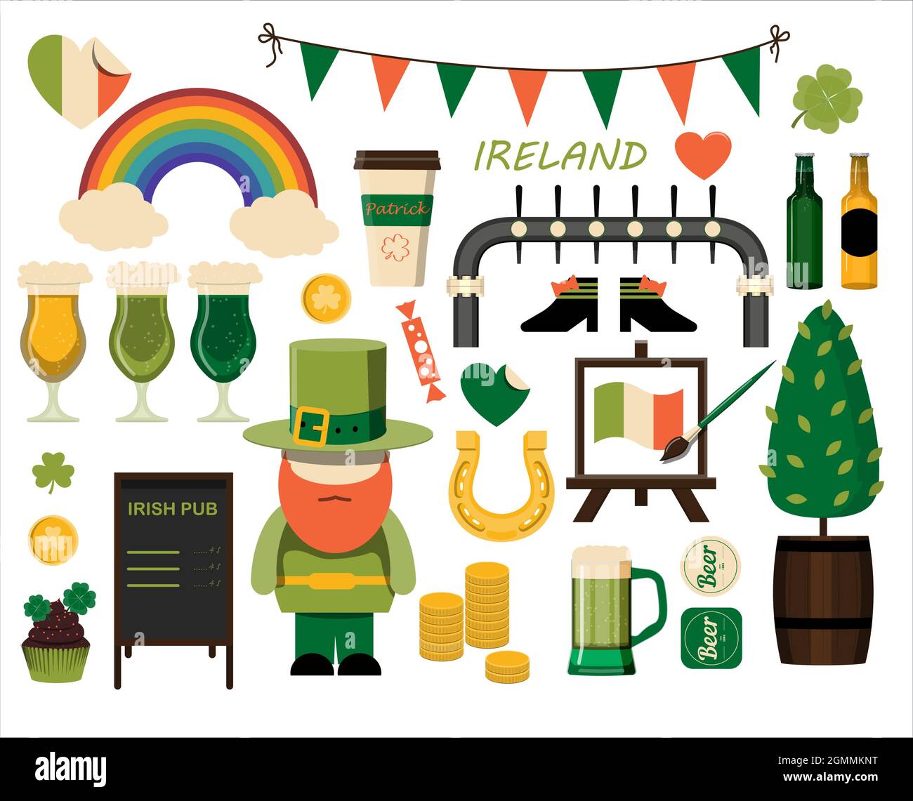 Ein großer Satz flacher Symbole für den St. Patrick s Day Ein Satz von Illustrationen für eine Party, Einladung, Postkarte oder Banner. Vektorclipart mit Bildern von Stock Vektor