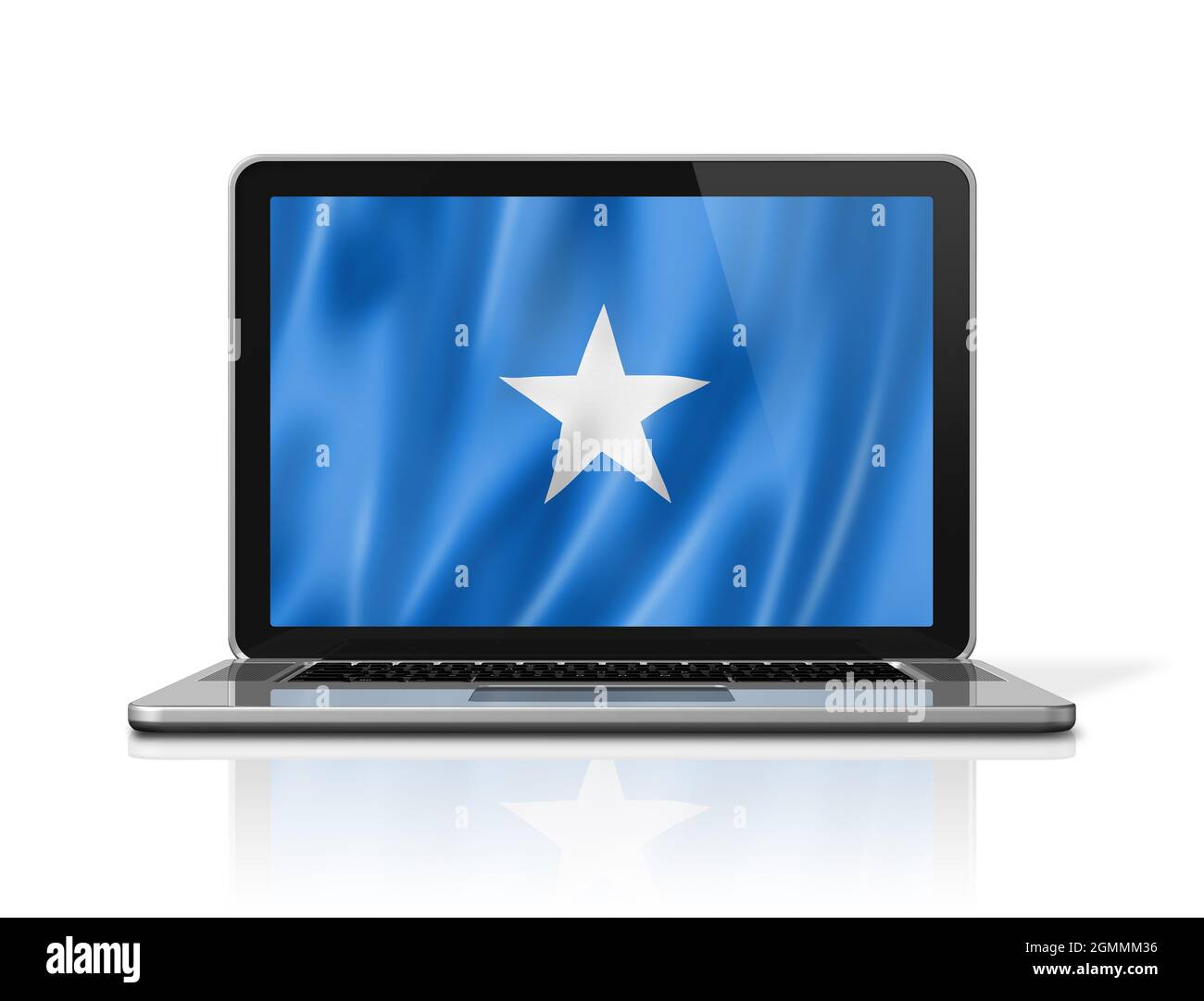 Somalia-Flagge auf Laptop-Bildschirm isoliert auf weiß. Rendering von 3D-Illustrationen. Stockfoto