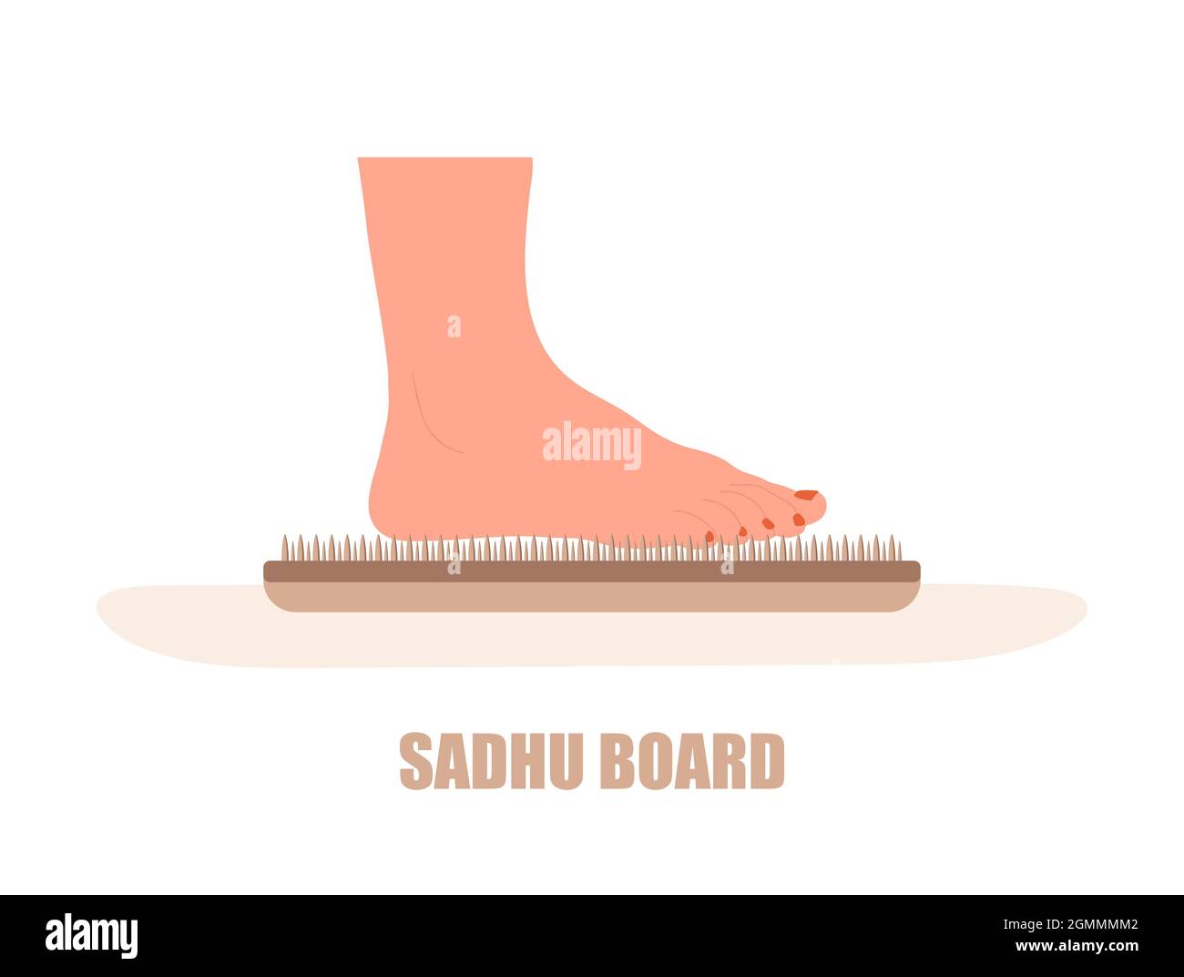 Sadhu-Platine. Weiblicher Fuß steht auf Nägeln. Alternative Medizin. Holzbrett für Yoga-Praxis. Meditation und Entspannung. Vektorgrafik in flacher Form Stock Vektor