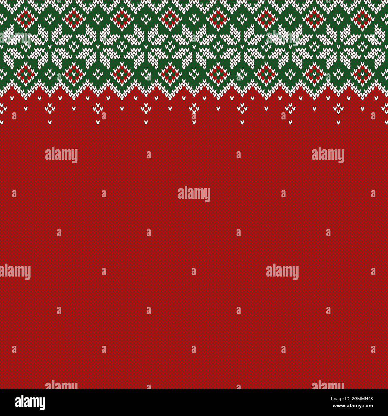 Gestrickter Hintergrund mit Copyspace. Rote, grüne und weiße Pullovermuster für Weihnachten, Neujahr oder Winter. Traditionelles skandinavisches Ornament. Stock Vektor