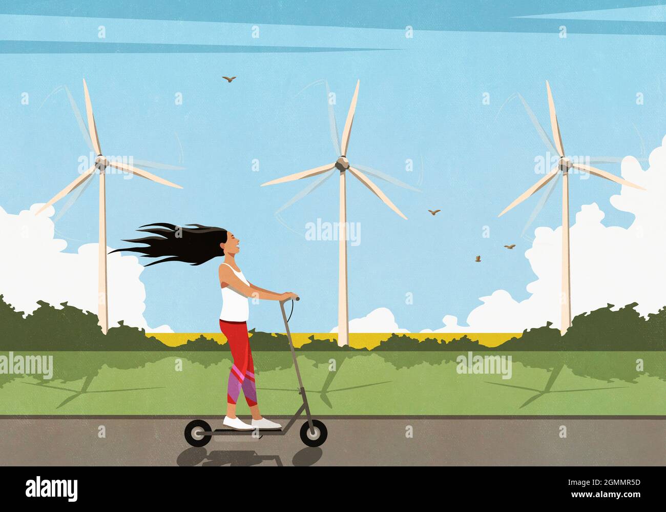 Sorglose Frau Reiten Elektro-Roller entlang Windturbinen Stockfoto