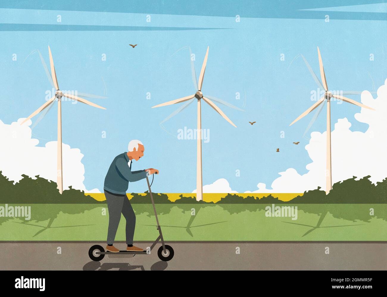 Senior Mann Reiten Elektro-Roller entlang Windturbinen im Feld Stockfoto
