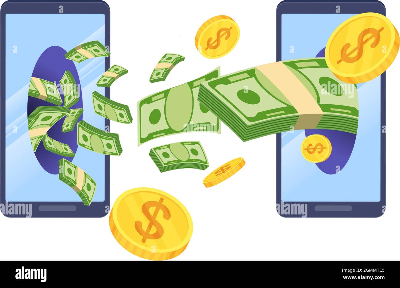 Drahtloser Geldtransfer. Geld fliegt vom Telefon zum Telefon. Stock Vektor