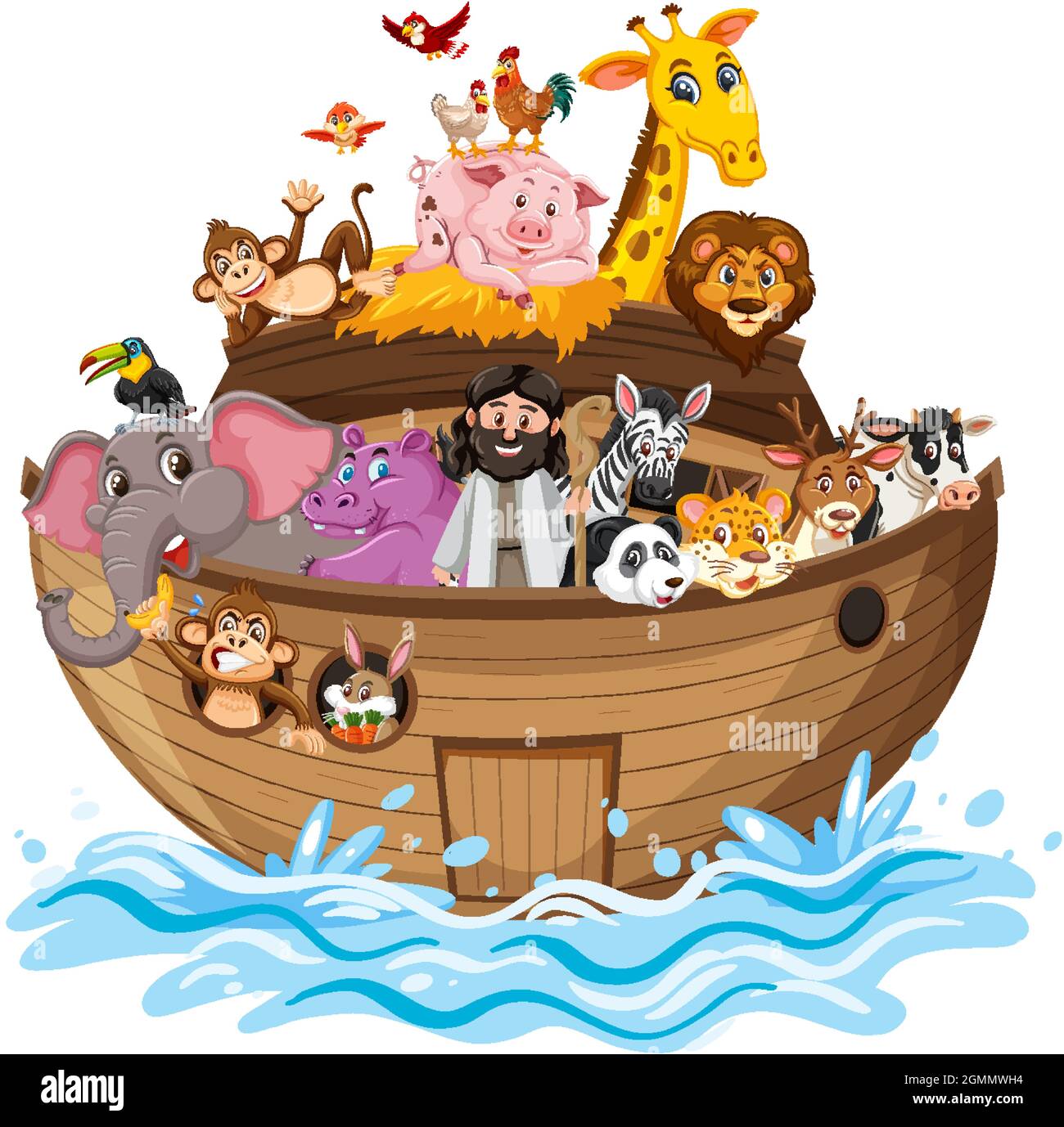 Arche Noah mit Tieren auf Wasserwelle isoliert auf weiß Hintergrunddarstellung Stock Vektor