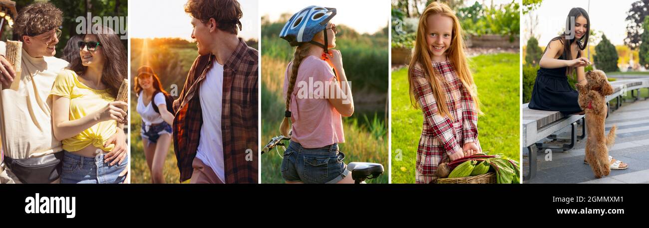Collage. Junge Frauen, Männer, Kinder verbringen ihre Freizeit im Freien. Der Urlaub, Sommer, Abenteuer, Lifestyle, Picknick-Konzept Stockfoto