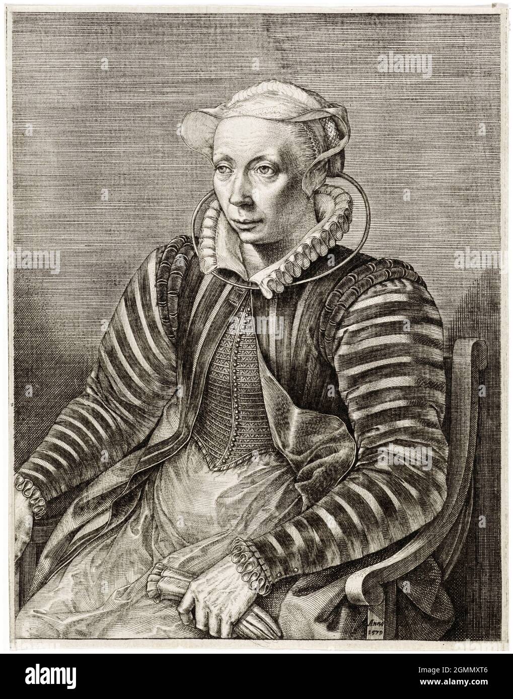 Volcxken Diericx (um 1525-1600), flämischer Druckmacher und Verleger, Ehefrau von Hieronymus Cock, Porträtstich zugeschrieben Johannes Wierix, 1579 Stockfoto