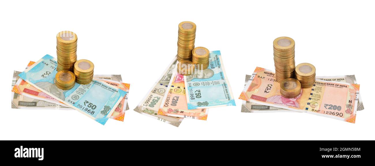 Indische Währung isoliert auf weißem Hintergrund mit Begrenzungspfad, Rubine mit Münze Stockfoto