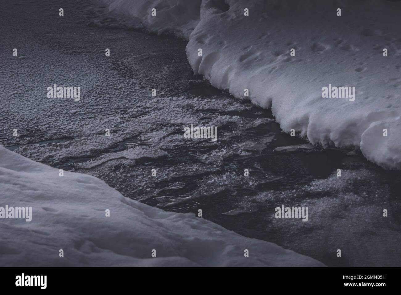 Ein ungefrorener Fluss in einem Winterwald. Winterwald, lebendiges Wasser bricht durch den Schnee. Die stilisierte Behandlung der Stimmung. Stockfoto