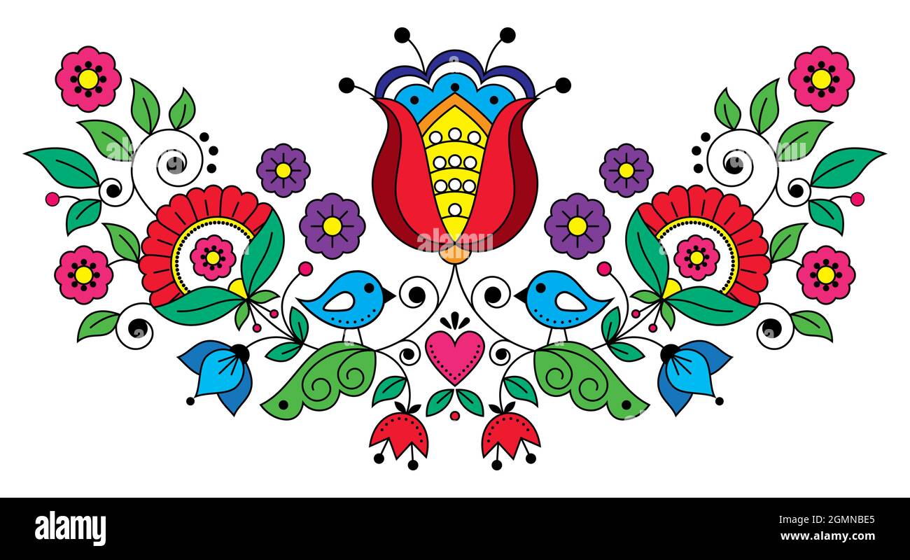 Scandianvianische traditionelle Volkskunst Vektor-Design mit Blumen, Blättern, Herz und Vogel, florale Ornament von traditionellen Stickereien Muster aus inspiriert Stock Vektor