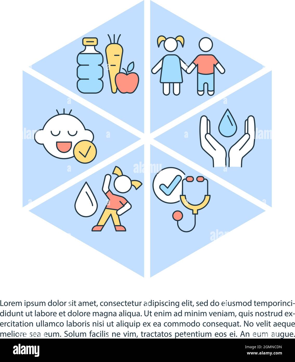 Wasserverbrauch für Kinder – Symbole in der Konzeptlinie mit Text Stock Vektor