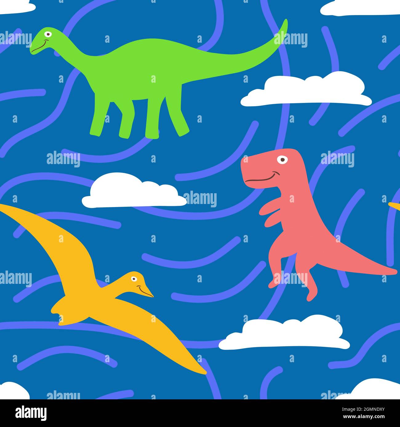 Kinder Dino-Muster auf abstact blauen Hintergrund mit Wolken. t rex, Brontosaurus und Pterodactylus Zeichen. Stock Vektor