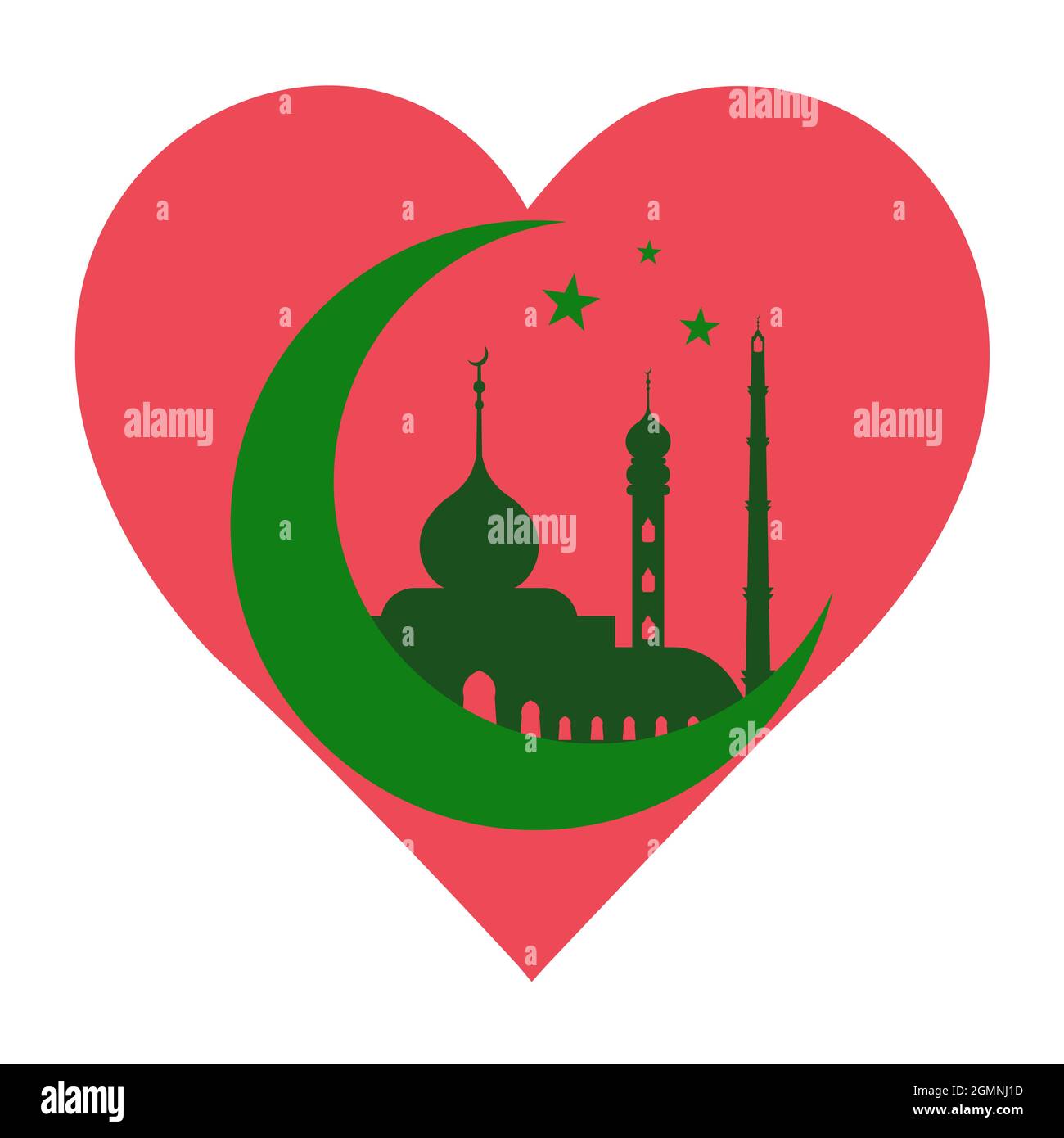 Grüner Halbmond und eine Moschee im Herzen, ein Symbol der Liebe zum Islam und zu Allah Stock Vektor