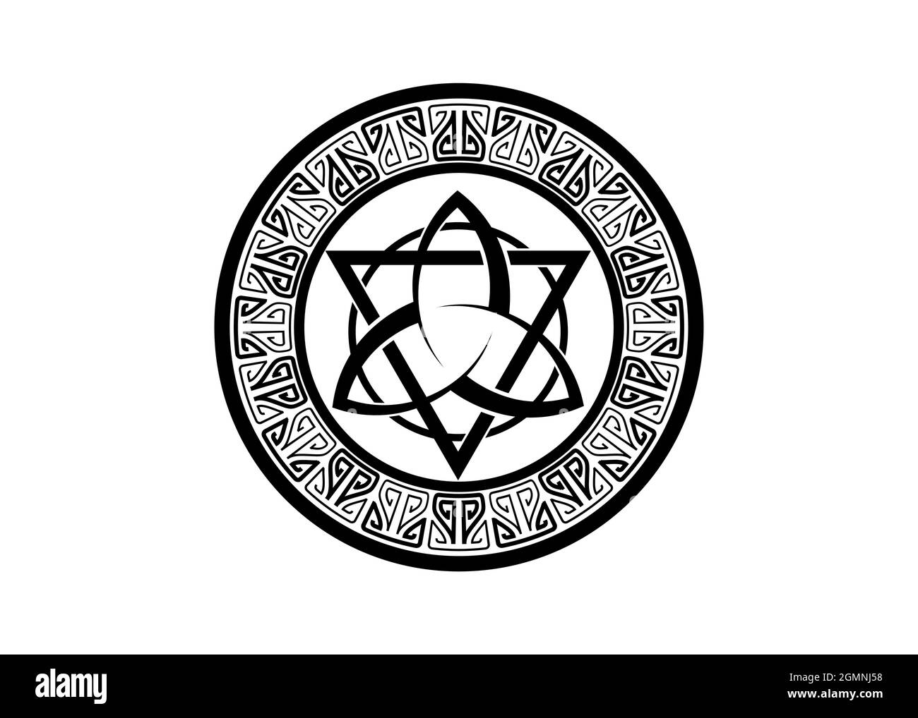 Triquetra mit Dreieck- und Kreislogo, Trinity Knot-Tattoo, heidnisch keltisches Symbol Triple Goddess. Wicca Rahmenschild, Buch der Schatten, Vektor Wicca Stock Vektor