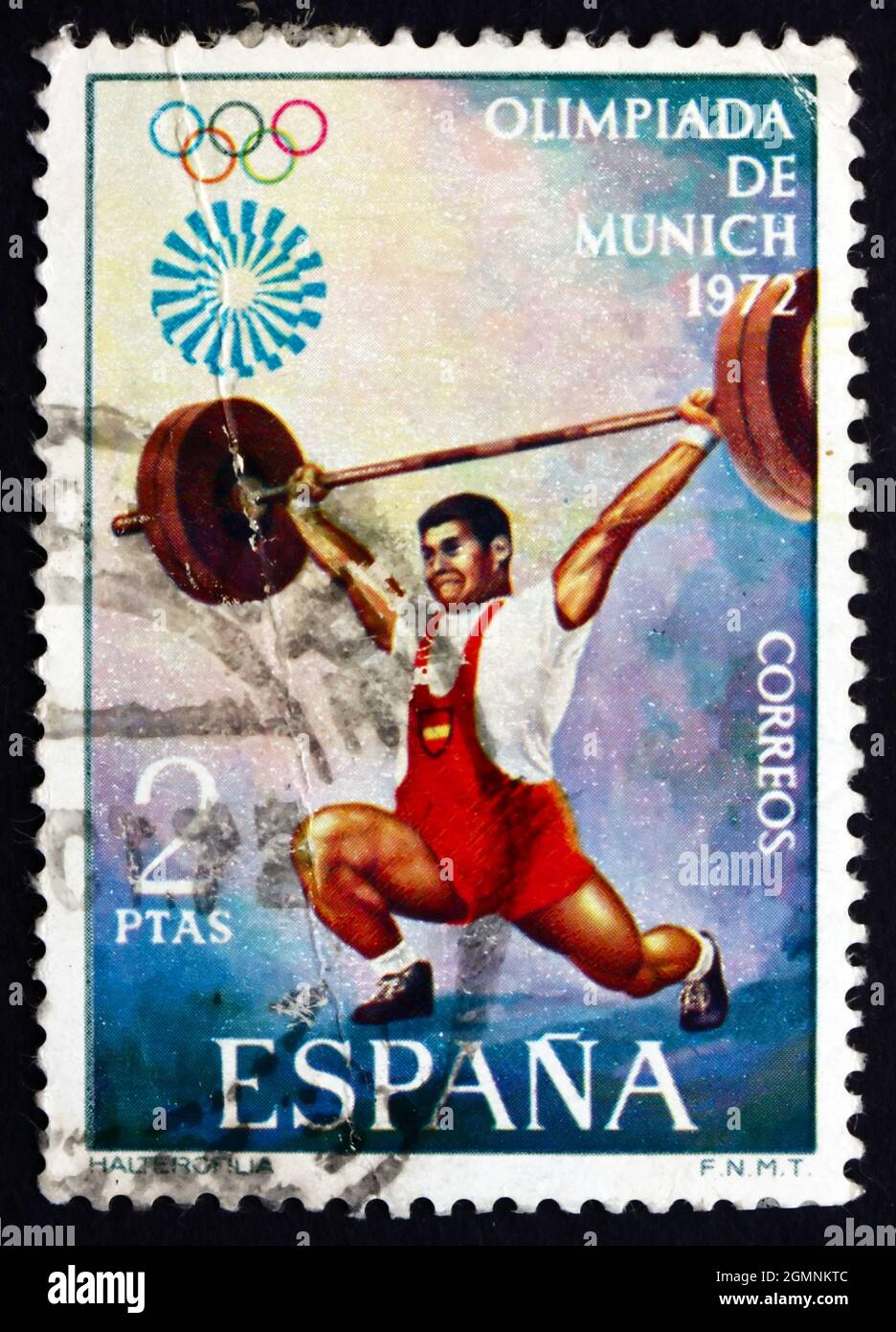 SPANIEN - UM 1972: Eine in Spanien gedruckte Marke zeigt Gewichtheben, 20. Olympische Spiele, München, um 1972 Stockfoto