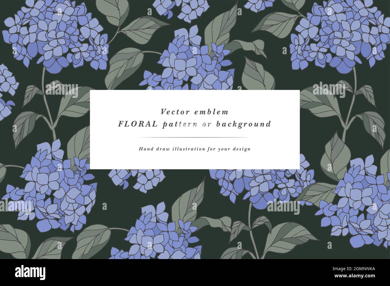 Vintage-Karte mit Hortensienblüten. Blumenkranz. Blumenrahmen für Flowershop mit Label-Designs. Grußkarte mit Blumenmuster für den Sommer. Blumen Hintergrund Stock Vektor