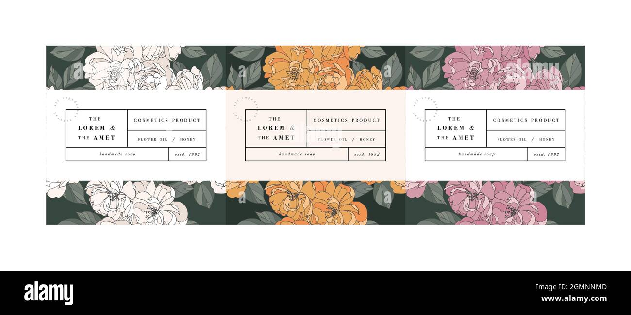 Vektor-Set Lattens für Kosmetik mit Label-Template-Design. Muster oder Geschenkpapier für Verpackungen und Schönheitssalons. Botanische Sammlung. Organisch Stock Vektor