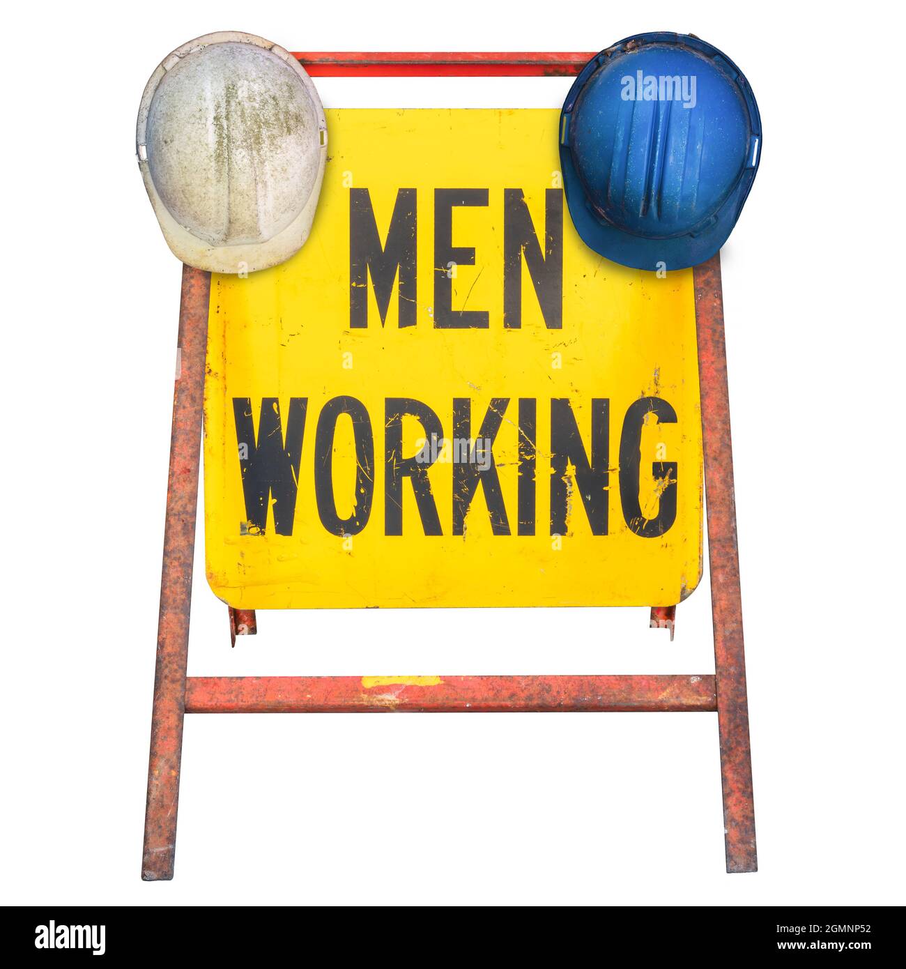 Männer arbeiten Straßenbauschild mit hängenden Arbeitshelme isoliert auf einem weißen Hintergrund Stockfoto