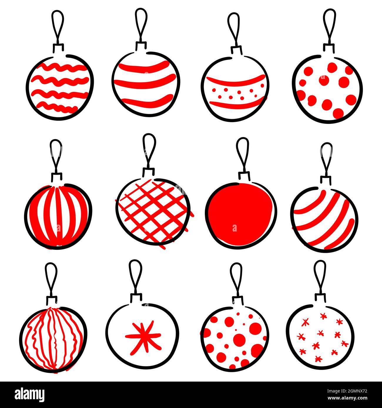 Set von handgezeichneten leuchtend roten weihnachtskugeln auf weißem Hintergrund isoliert. Konturstil einfacher flacher Vektor Illustration Stock Vektor