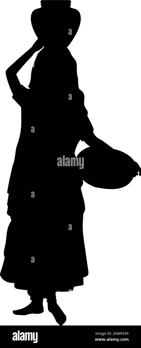 Silhouette indische Frau mit Krug auf dem Kopf und Korb in der Hand. Symbol für die Abbildung Stock Vektor