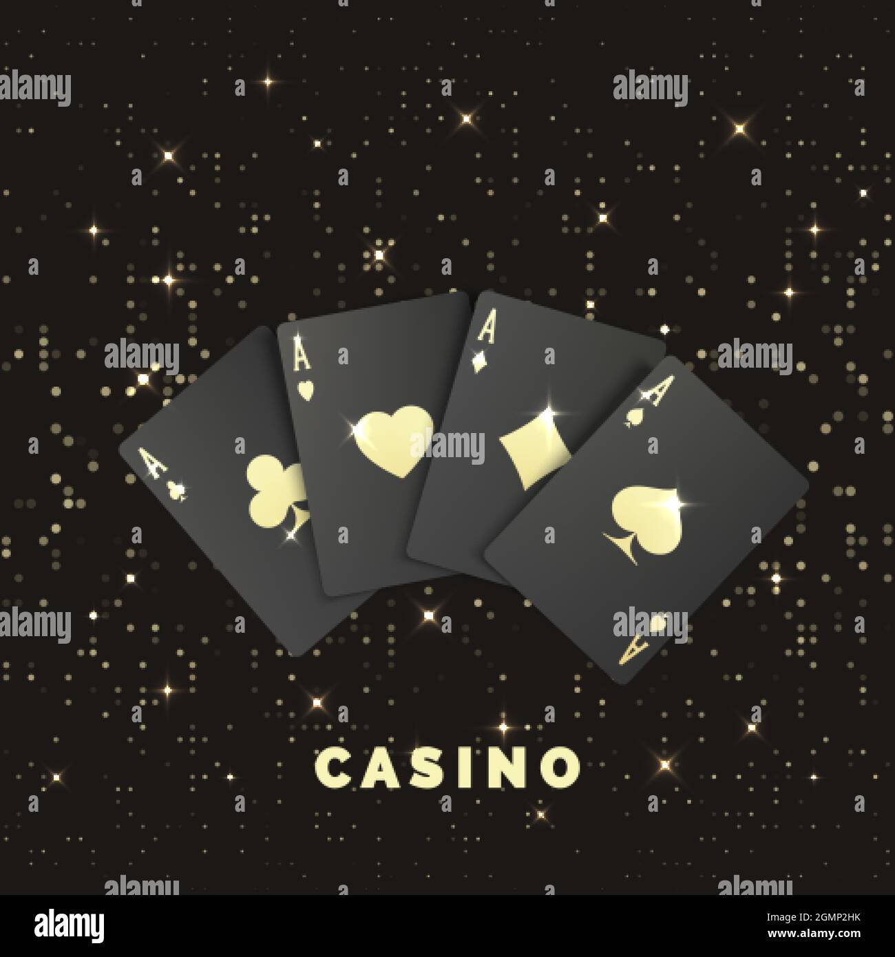 Vier schwarze Poker-Karten mit goldenem Etikett. Quads oder Vierling von Ass. Casino-Banner oder -Poster im königlichen Stil. Vektorgrafik Stock Vektor