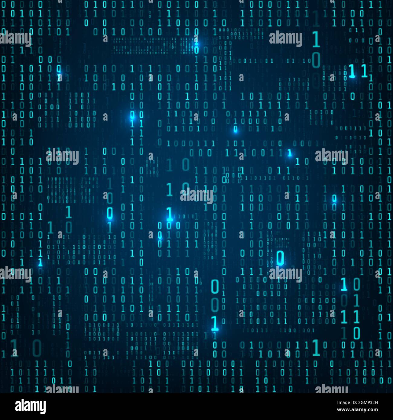 Matrix aus binären Zahlen. Binärer Computercode. Fluss von blauen zufällig digitalen Zahlen. Futuristische oder Science-Fiction-Kulisse. Zahlen fallen auf den dunklen Backgr Stock Vektor