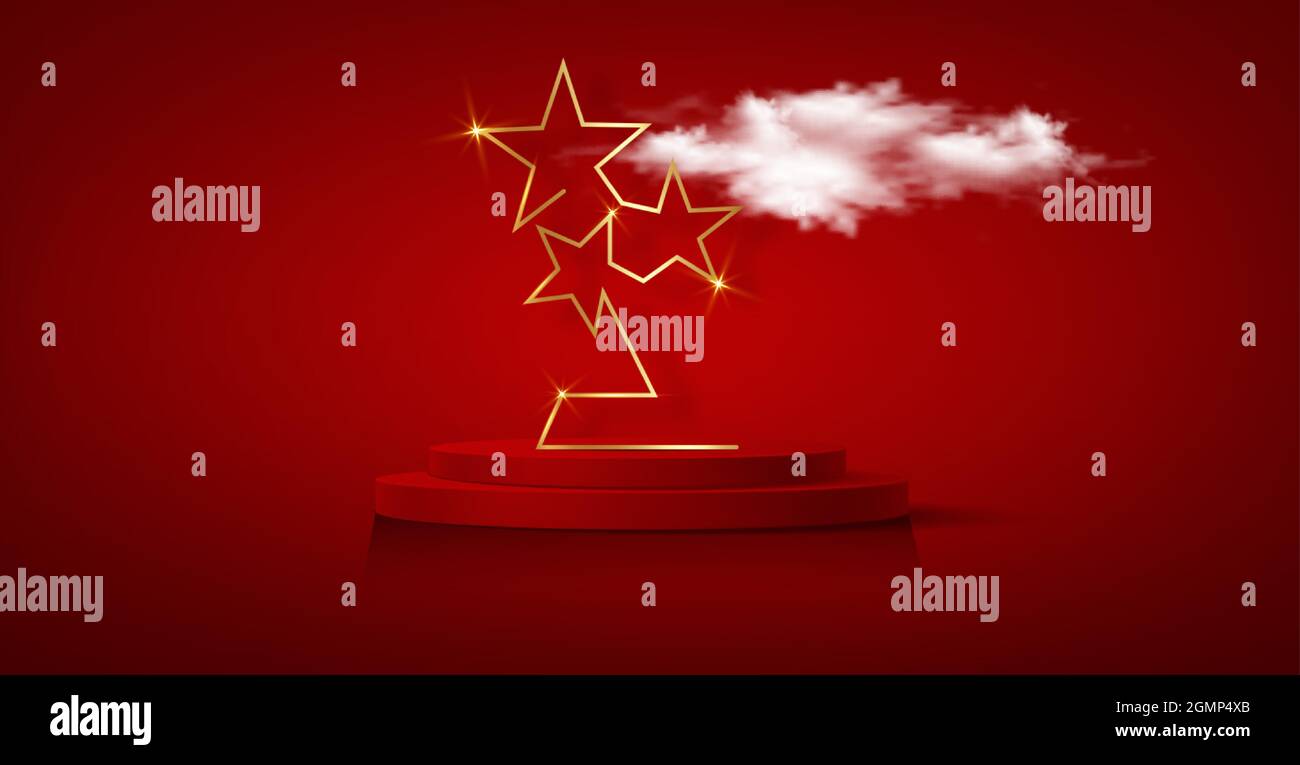3D-Siegerpodium, Red Carpet Party Gold Stars Award Konzept. Banner Hollywood goldene Sterne Preis Silhouette Statue Symbol. Film und Kino Symbol Stock Vektor