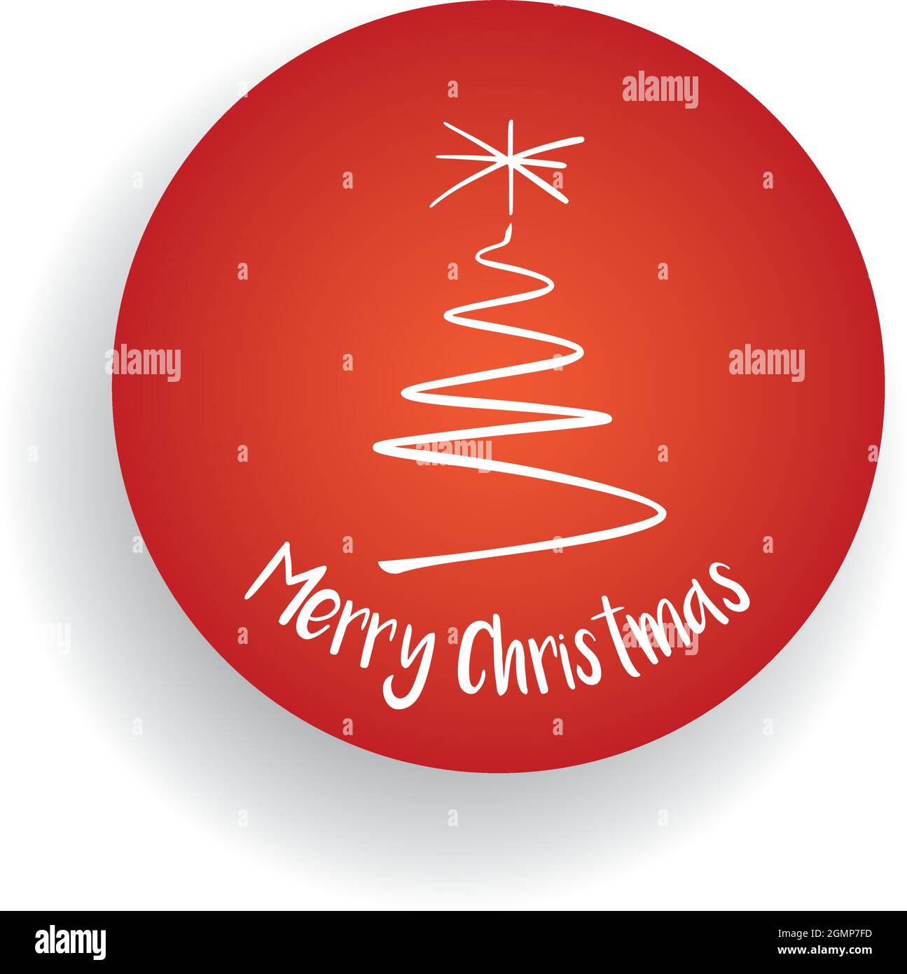 Frohe Weihnachten-Ikone. Skizzieren sie den weihnachtsbaum mit Stern oben und Text im roten Kreis mit Farbverlauf und Schatten auf weißem Hintergrund. Stock Vektor