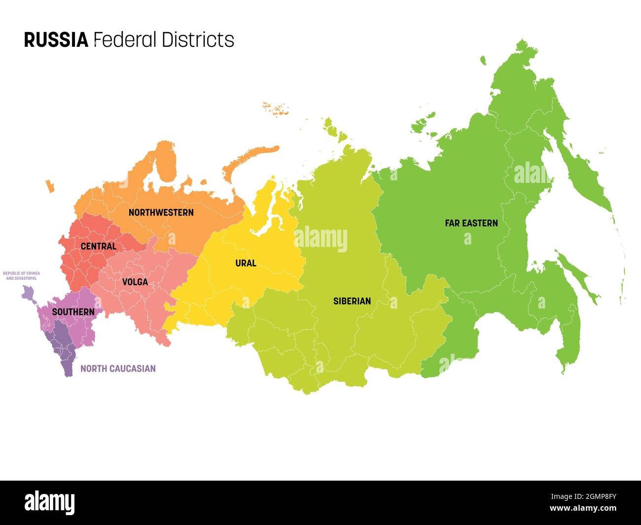 Bunte politische Karte von Russland oder der Russischen Föderation. Föderale Subjekte - Republiken, Krays, Oblasten, Städte von föderaler Bedeutung, autonome Oblasten und autonome Okkupten, nach Farbe in Regionen unterteilt. Einfache flache Vektorkarte mit Beschriftungen. Stock Vektor