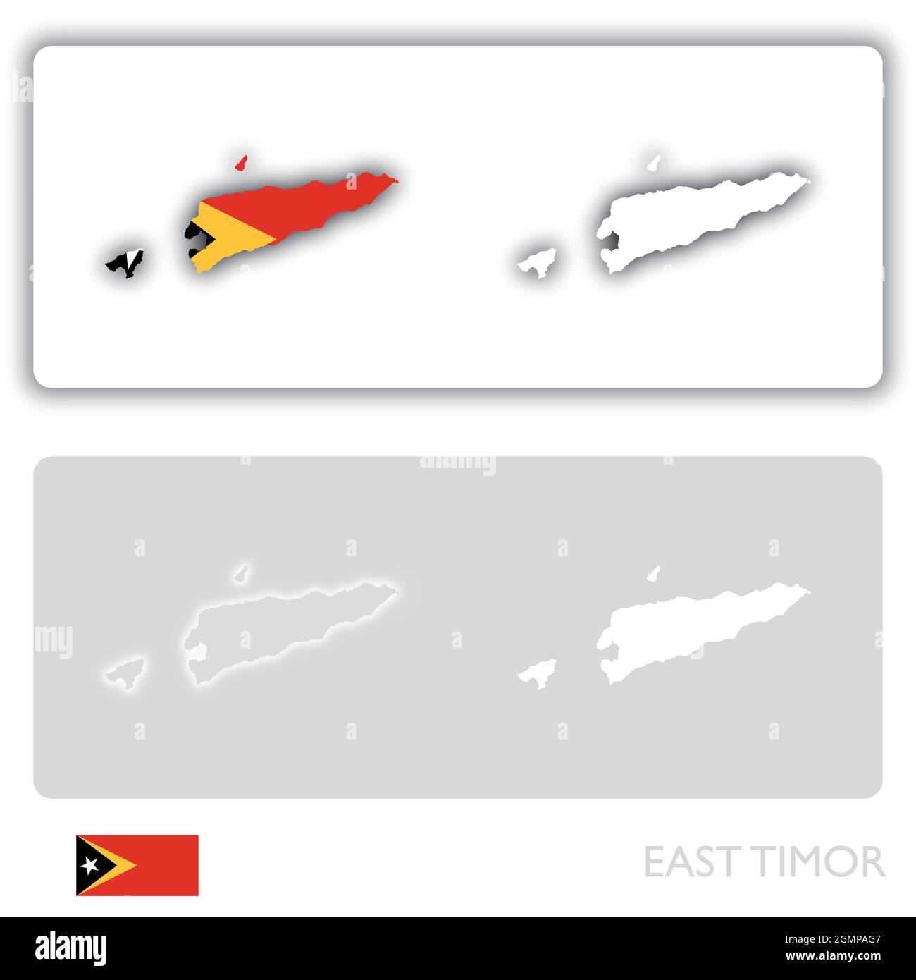 Osttimor-Karte mit Flagge und Schatten auf weißem und grauem Hintergrund Stock Vektor