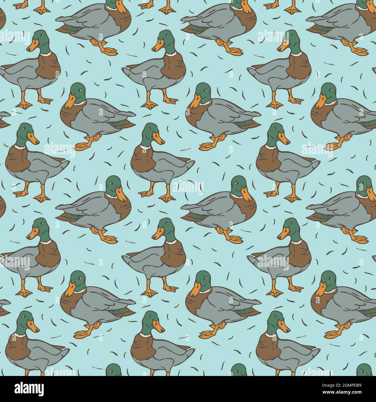 Vektor nahtloses Muster mit wilden Enten auf blauem Hintergrund. Design mit Drakes. Stock Vektor