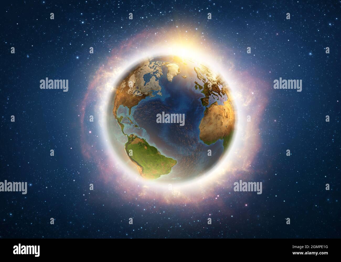 Globale Erwärmung auf dem Planeten Erde, Ende der Welt aus dem Weltraum illustriert. 3D-Illustration - Elemente dieses Bildes, die von der NASA eingerichtet wurden. Stockfoto