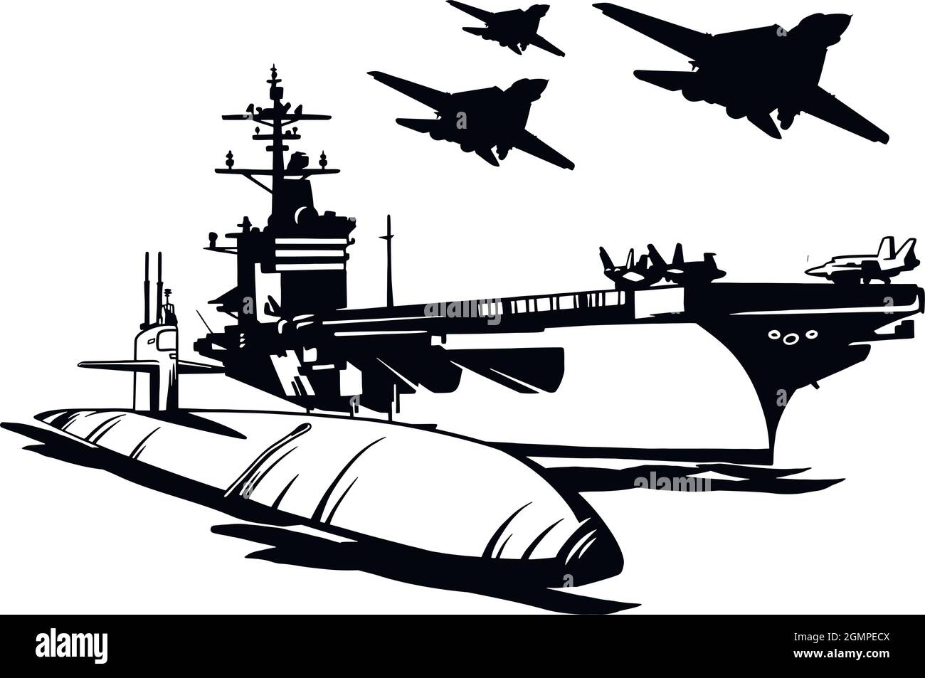 Navy - Kriegsschiff, Carrier-basierte Kämpfer und U-Boot. Militaristische Schiffe. Battleship Vektor Stock Illustration Stock Vektor