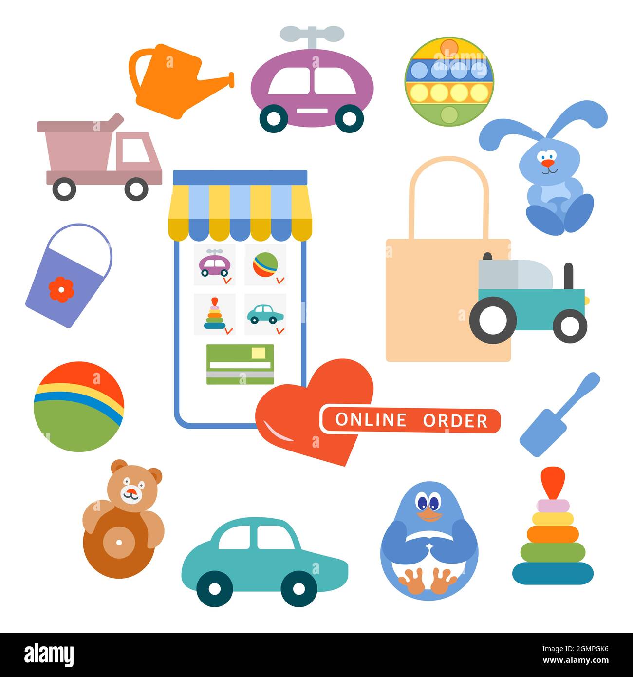 Vektor-Illustration Online-Bestellung Kid Spielzeug Glückliche Kindheit Gaming-Elemente Spielen im Sand Autos Pyramid Ball Tumbler Rabbit Penguin Pop it Gießkanne PR Stock Vektor